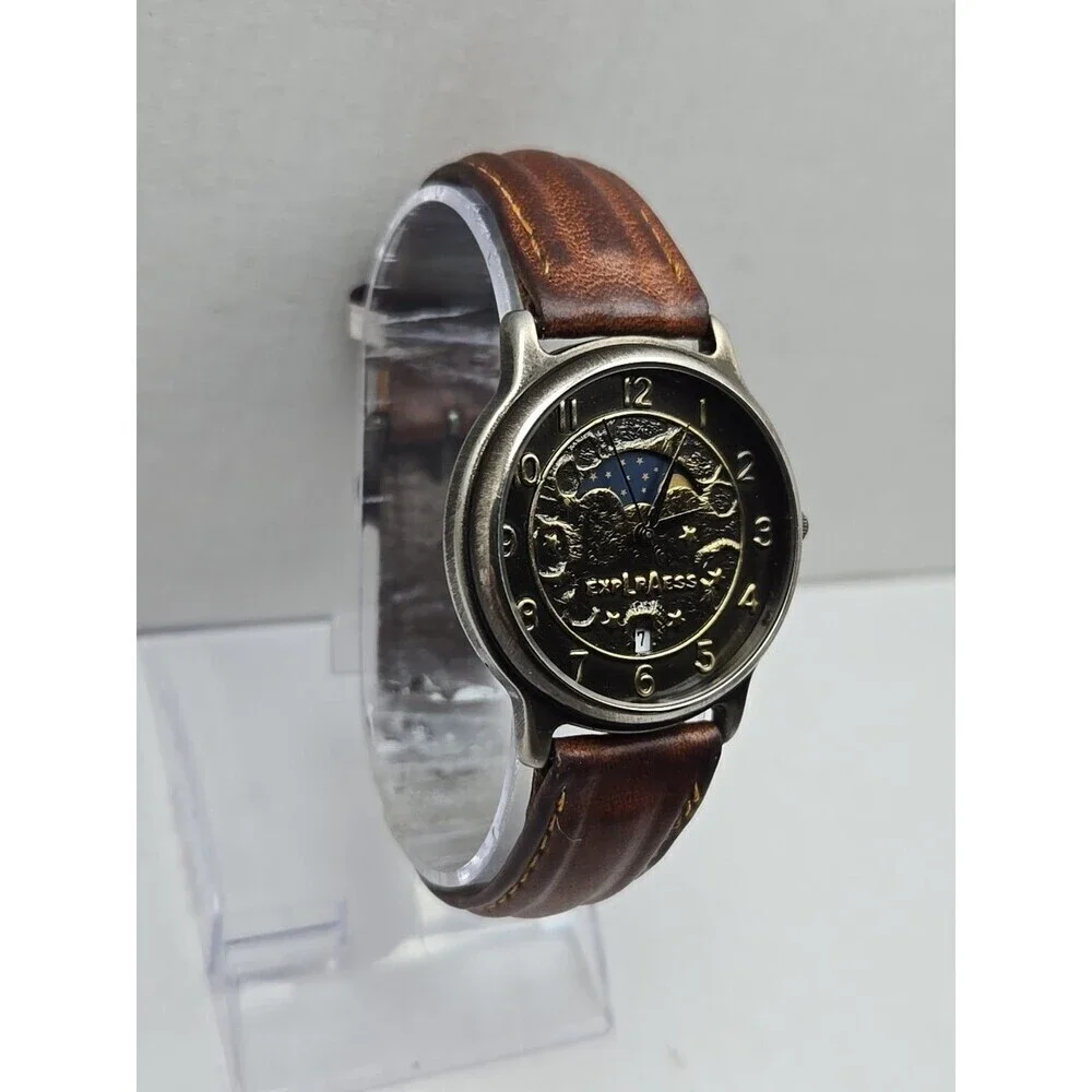 LA Express Moon And Stars Quartz Watch Day Night Date Brown Leather New Battery
